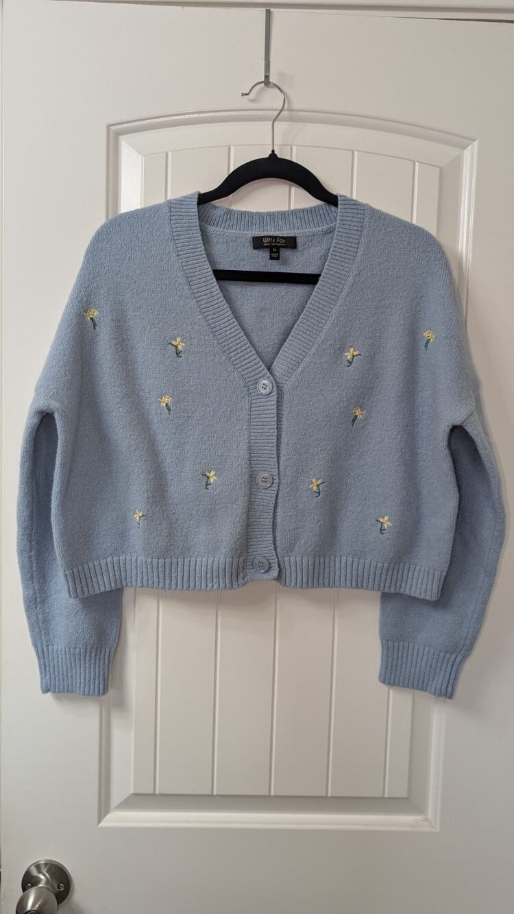 Witty Fox Blue Knit Floral Embroidered Button V-Neck Cropped Cardigan XL